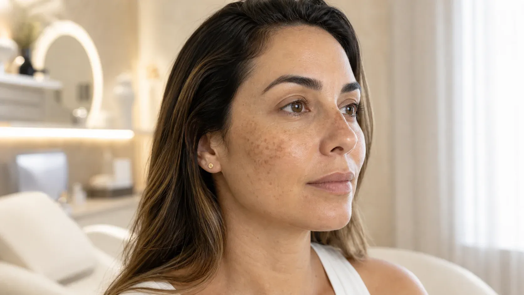 Mulher adulta com sardas e textura natural da pele em ambiente dermatológico