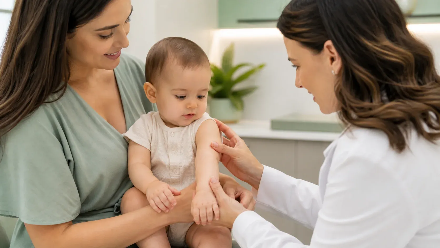 Bebê durante avaliação dermatológica acompanhado pela mãe